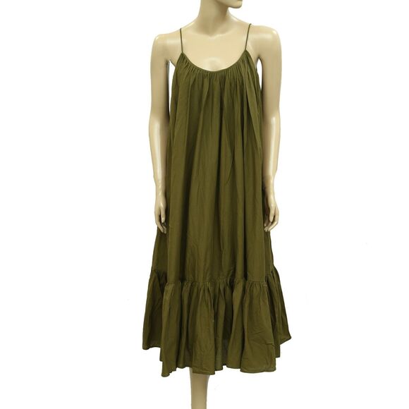 Rhode Resort Lea Pleated Solid Midi Dress Ruffle Tiered Cotton Green XS 283982 - Picture 1 of 7